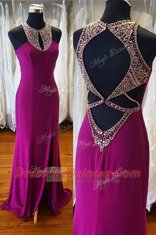 Glorious Fuchsia Column/Sheath Elastic Woven Satin Scoop Sleeveless Beading Backless Prom Gown Sweep Train