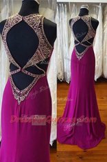 Glorious Fuchsia Column/Sheath Elastic Woven Satin Scoop Sleeveless Beading Backless Prom Gown Sweep Train