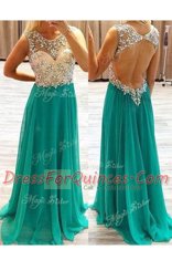 Scoop Green Backless Prom Gown Beading Sleeveless Floor Length