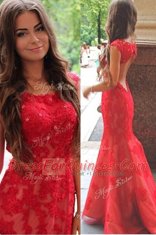 Mermaid Scoop Lace Cap Sleeves With Train Sweep Train and Lace and Appliques