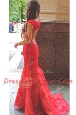 Mermaid Scoop Lace Cap Sleeves With Train Sweep Train and Lace and Appliques