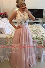 Fine Pink Column/Sheath Chiffon Scoop Sleeveless Lace Floor Length Side Zipper Homecoming Dress