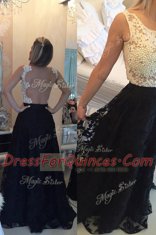 Sweet Scoop White And Black Lace Side Zipper Sleeveless Floor Length Beading and Lace