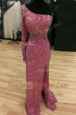 Mermaid One Shoulder Sequins Lilac Long Sleeves Sequined Sweep Train Backless Prom Dresses for Prom and Party