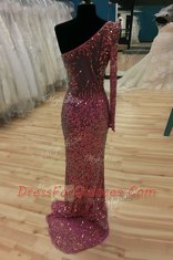 Mermaid One Shoulder Sequins Lilac Long Sleeves Sequined Sweep Train Backless Prom Dresses for Prom and Party