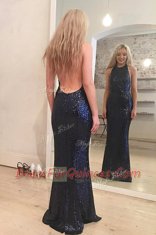 Mermaid Scoop Floor Length Navy Blue Sequined Sleeveless Sequins