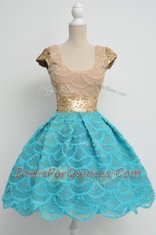 Classical Scoop Lace Sequins Knee Length A-line Cap Sleeves Blue Dress for Prom Zipper
