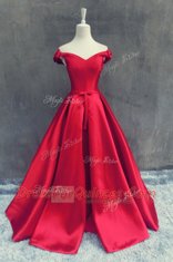 Pretty Off the Shoulder Satin Short Sleeves With Train Sweep Train and Sashes ribbons and Bowknot