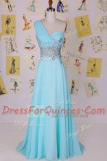 Elegant One Shoulder Sleeveless Dress for Prom With Brush Train Beading Aqua Blue Chiffon