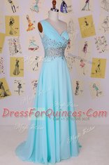 Elegant One Shoulder Sleeveless Dress for Prom With Brush Train Beading Aqua Blue Chiffon