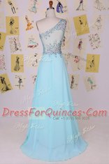 Elegant One Shoulder Sleeveless Dress for Prom With Brush Train Beading Aqua Blue Chiffon