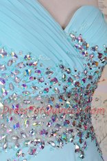 Elegant One Shoulder Sleeveless Dress for Prom With Brush Train Beading Aqua Blue Chiffon