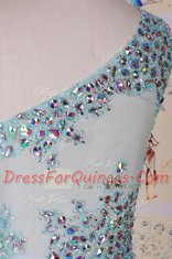 Elegant One Shoulder Sleeveless Dress for Prom With Brush Train Beading Aqua Blue Chiffon