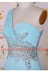 Elegant One Shoulder Sleeveless Dress for Prom With Brush Train Beading Aqua Blue Chiffon