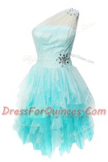 Elegant One Shoulder Aqua Blue Sleeveless Beading Knee Length Evening Dress