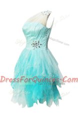 Elegant One Shoulder Aqua Blue Sleeveless Beading Knee Length Evening Dress