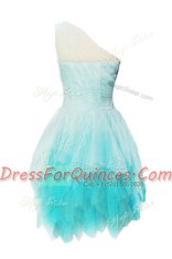 Elegant One Shoulder Aqua Blue Sleeveless Beading Knee Length Evening Dress
