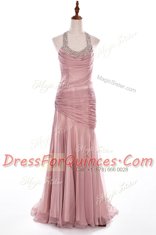 Pink Halter Top Side Zipper Beading Dress for Prom Brush Train Sleeveless