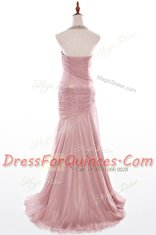 Pink Halter Top Side Zipper Beading Dress for Prom Brush Train Sleeveless