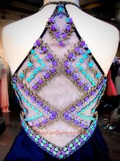 Navy Blue A-line Chiffon Halter Top Sleeveless Beading Mini Length Side Zipper Homecoming Dress