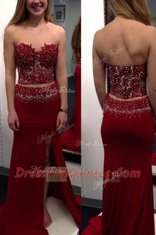 Unique Wine Red Sleeveless Elastic Woven Satin Sweep Train Side Zipper Prom Evening Gown for Prom