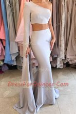 Great Mermaid One Shoulder Silver Side Zipper Homecoming Dress Ruching Long Sleeves Floor Length