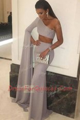 Great Mermaid One Shoulder Silver Side Zipper Homecoming Dress Ruching Long Sleeves Floor Length