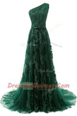 Dazzling One Shoulder Sleeveless Sweep Train Zipper Beading and Appliques Prom Dresses