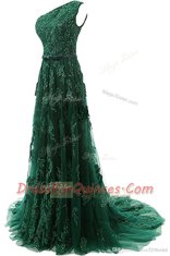 Dazzling One Shoulder Sleeveless Sweep Train Zipper Beading and Appliques Prom Dresses