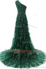 Dazzling One Shoulder Sleeveless Sweep Train Zipper Beading and Appliques Prom Dresses