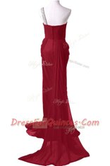 One Shoulder With Train Zipper Prom Party Dress Burgundy for Prom with Beading Watteau Train