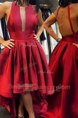 Scoop Pleated Evening Dress Red Zipper Sleeveless Asymmetrical