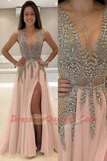 Fashion Tulle V-neck Sleeveless Brush Train Backless Beading Homecoming Dress in Champagne