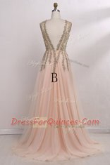 Fashion Tulle V-neck Sleeveless Brush Train Backless Beading Homecoming Dress in Champagne