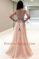 Fashion Tulle V-neck Sleeveless Brush Train Backless Beading Homecoming Dress in Champagne