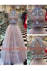 Glittering Sleeveless Tulle Floor Length Zipper Prom Evening Gown in Pink with Beading