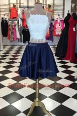 Lace Beading Prom Gown Blue And White Zipper Sleeveless Knee Length