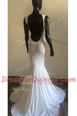 Spectacular Mermaid White V-neck Backless Ruching Prom Dresses Brush Train Sleeveless