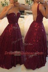 Low Price V-neck Sleeveless Backless Burgundy Lace