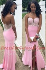 Fashionable Mermaid Sleeveless Chiffon Floor Length Backless Prom Party Dress in Rose Pink with Beading