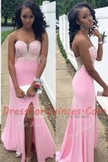 Fashionable Mermaid Sleeveless Chiffon Floor Length Backless Prom Party Dress in Rose Pink with Beading