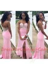 Fashionable Mermaid Sleeveless Chiffon Floor Length Backless Prom Party Dress in Rose Pink with Beading