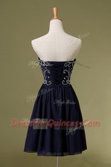 Navy Blue Chiffon Zipper Homecoming Dress Sleeveless Knee Length Embroidery