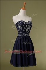 Navy Blue Chiffon Zipper Homecoming Dress Sleeveless Knee Length Embroidery