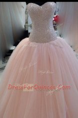 Excellent Pink Ball Gowns Sweetheart Sleeveless Tulle Floor Length Zipper Beading and Sequins and Bowknot Prom Gown