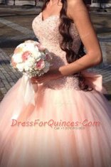 Excellent Pink Ball Gowns Sweetheart Sleeveless Tulle Floor Length Zipper Beading and Sequins and Bowknot Prom Gown