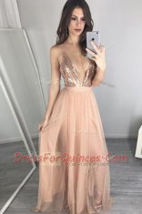 Delicate Peach A-line V-neck Sleeveless Tulle Floor Length Zipper Sequins and Pleated