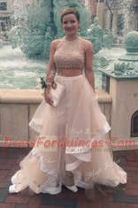 Tulle Scoop Sleeveless Zipper Sequins Prom Gown in Champagne