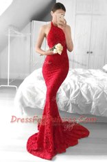 Gorgeous Mermaid Lace Halter Top Sleeveless Sweep Train Backless Lace Prom Party Dress in Red