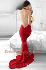 Gorgeous Mermaid Lace Halter Top Sleeveless Sweep Train Backless Lace Prom Party Dress in Red